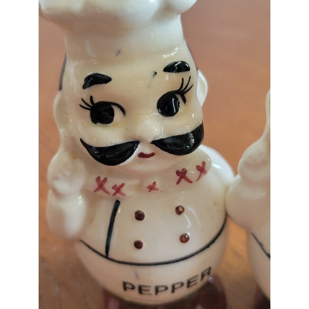 Vintage Chef Salt and Pepper Shakers Set Ceramic Kitchen Decor White Black Red